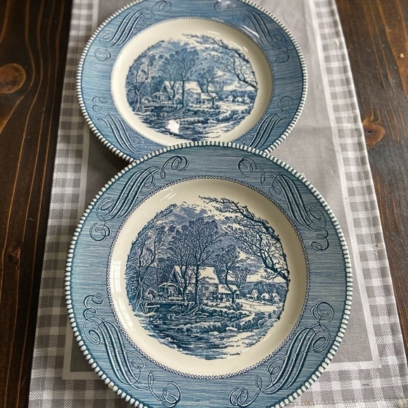 VINTAGE 50’-70’s Currie & Ives The Old Grist Mill Blue Scene Set of 2 Plates - Picture 3 of 12